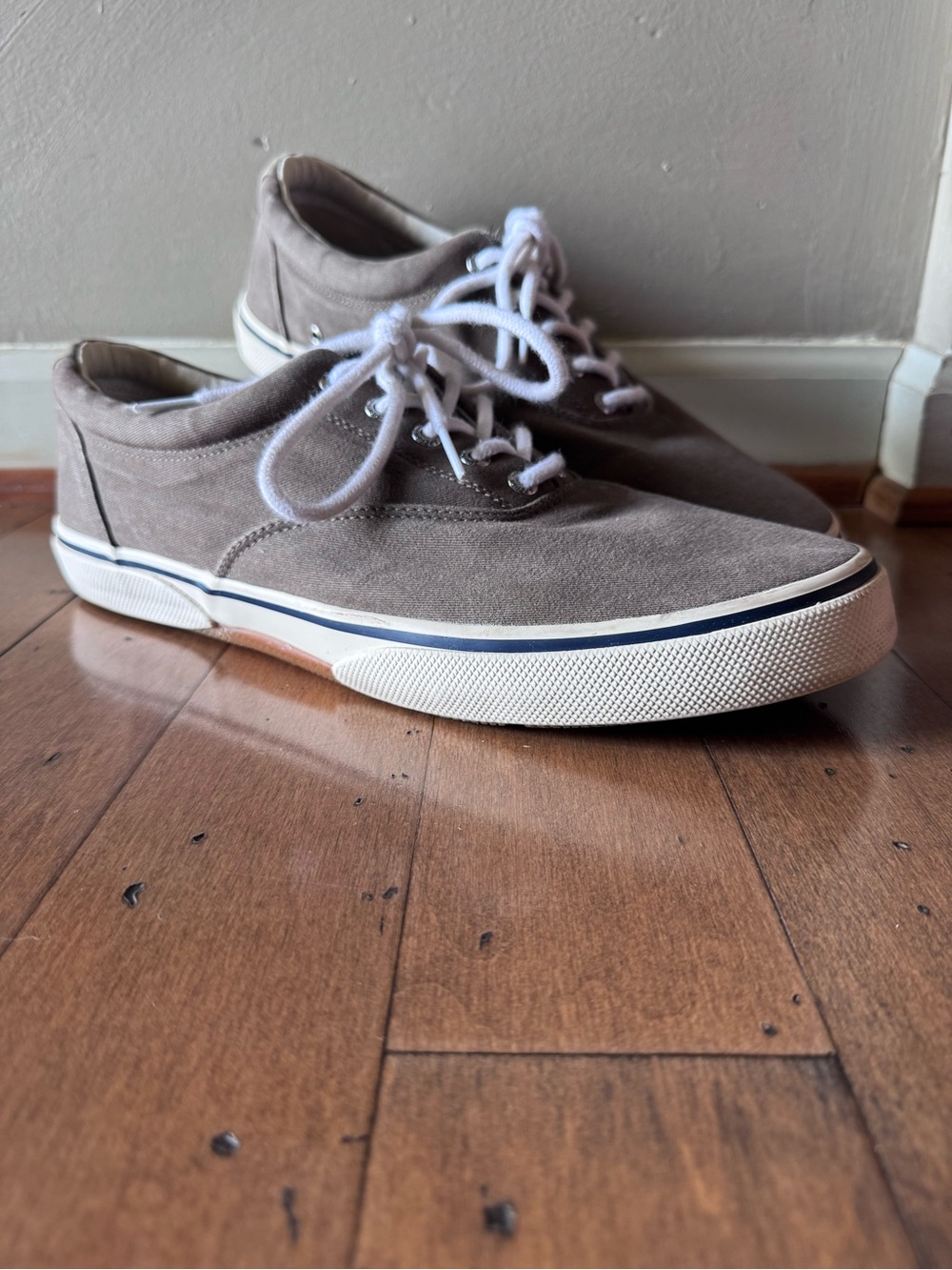 Sperry Taupe Canvas Low-Top Sneakers with White Laces and Navy Trim